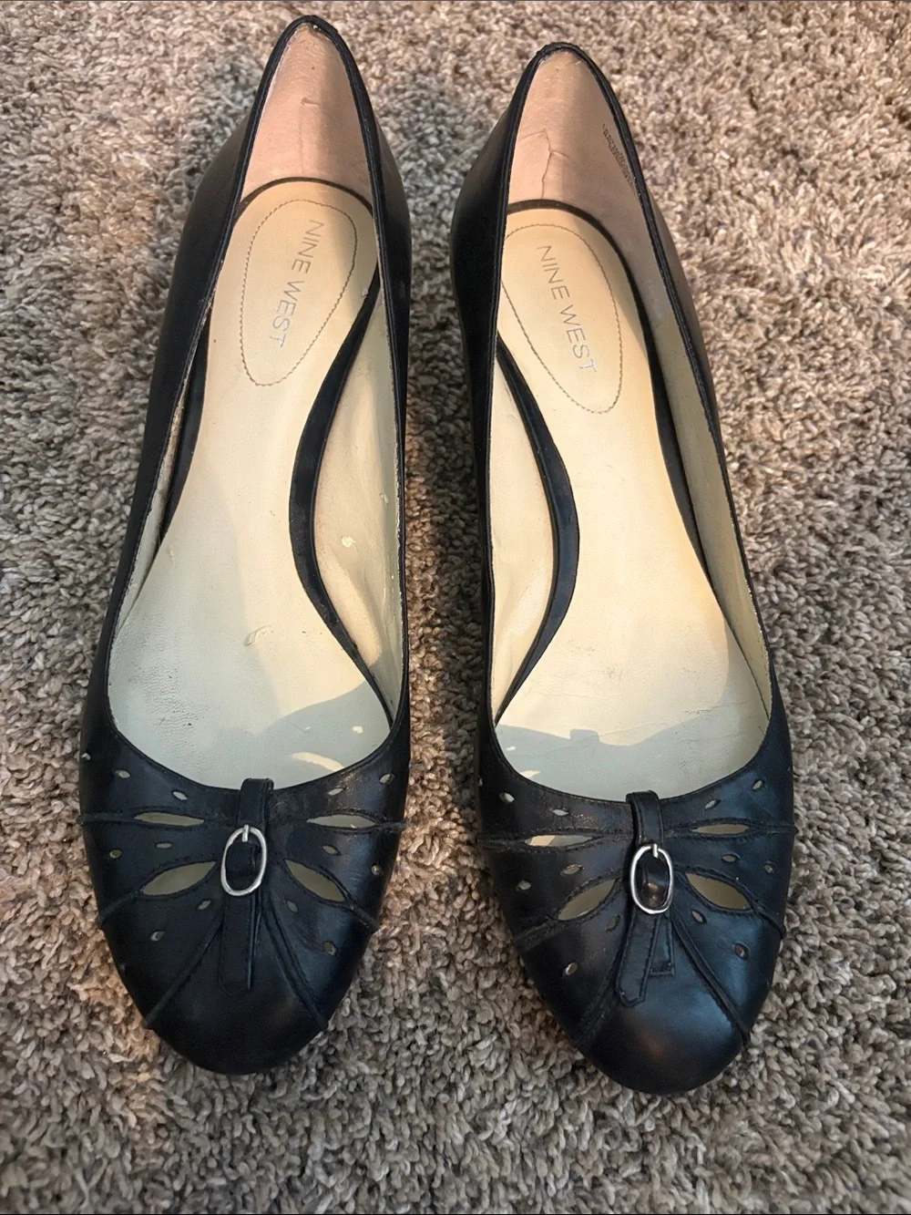 Nine West Black Leather Cutout Ballet Flats with Silver Buckle